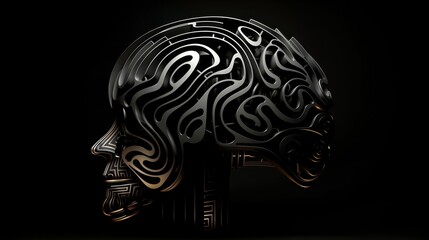 Intricate Metal Labyrinth Brain Sculpture in Dark Lighting