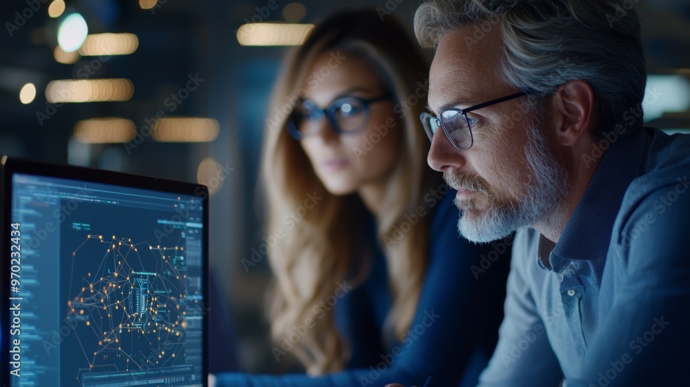 Poster a man and a woman are looking at a computer screen with a complex graph on it