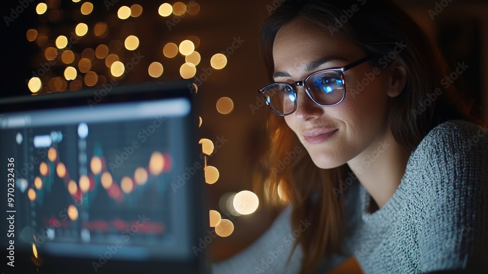 Poster a woman is looking at a computer screen with a graph on it