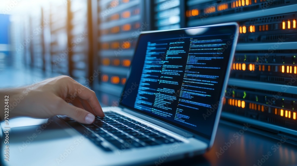 Poster a person is typing on a laptop in front of a row of computer servers