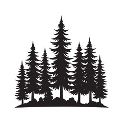 A silhouette of a Pine tree. Evergreen forest firs and spruces black shapes, wild nature trees templates. Vector illustration woodland trees set on white background