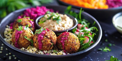 Falafel Bowl with Quinoa and Beet Hummus in Focus and Toned Style