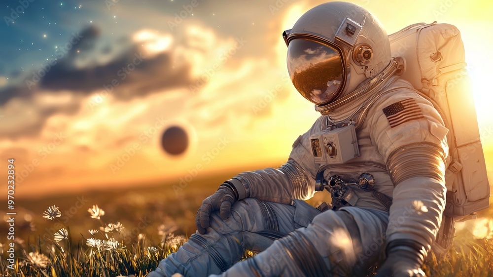 Aufkleber a man in a spacesuit is sitting in a field with a large planet in the background