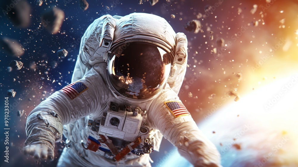 Poster a man in a spacesuit is flying through space with a lot of debris around him