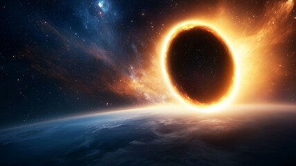 A large hole in the sky with a bright orange sun in the middle
