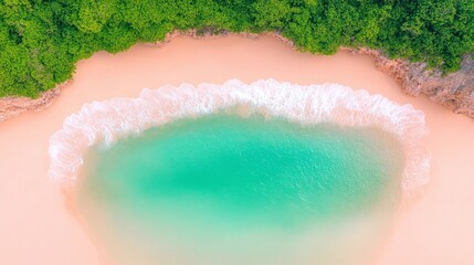 Fototapeta premium Aerial view of secluded tropical beach with turquoise waters and lush forest. Ideal for nature content, vacation ads, and background designs with copyspace. Minimalistic and serene, perfect for market