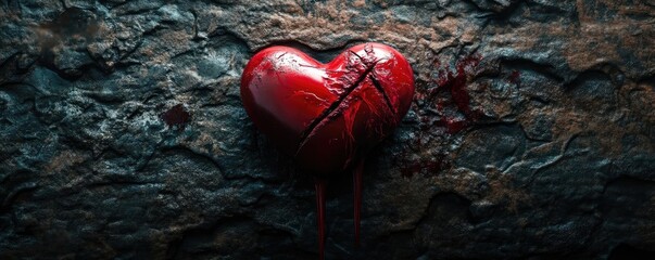 A striking image of a broken red heart on a textured surface, symbolizing love, loss, and emotional pain.
