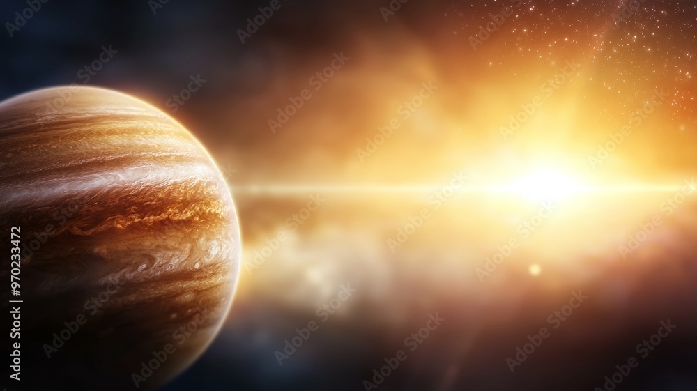 Poster a large planet is in the foreground of the image