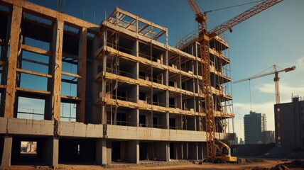 Naklejka premium Construction Site with Tower Crane and Building Under Construction