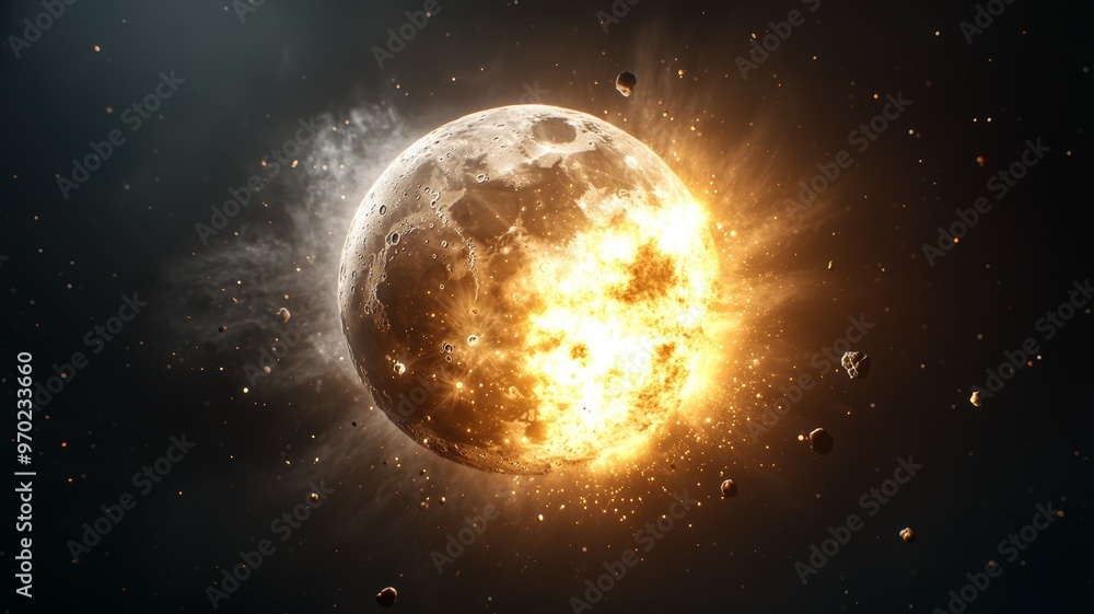 Poster a close up of a planet with a large crater in the middle