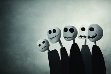 A fun group of skeletons with expressive faces. Whimsical and spooky.