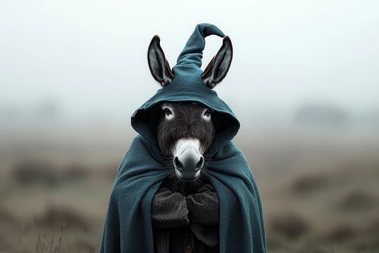 A whimsical donkey dressed in a wizard's cloak and hat, standing in a foggy landscape, creating a magical atmosphere.