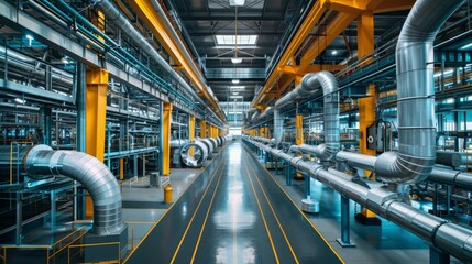 Fototapeta premium High-tech manufacturing facility showcasing exposed pipes and ducts, with advanced equipment and clean design --ar 16:9 --stylize 250 --v 6 Job ID: 6609aba0-4531-4794-a9b8-ad1860671db3