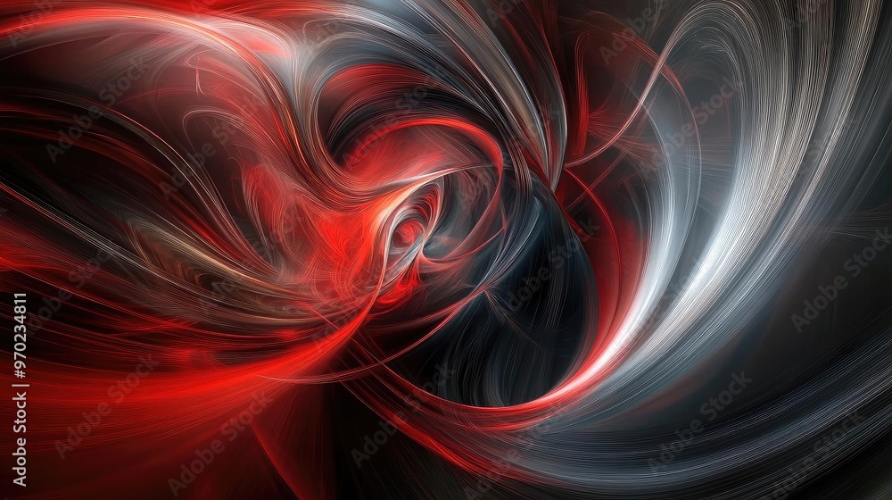 Poster a mesmerizing abstract design blending vibrant red and silver swirls against a dark backdrop, creati