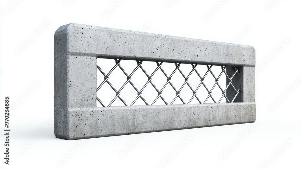 Poster a concrete block with a metal mesh on top of it