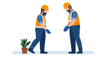 Two men wearing orange vests and gloves are standing next to each other