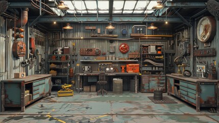 Industrial workshop with exposed piping and ductwork, cluttered workbenches, and rugged flooring