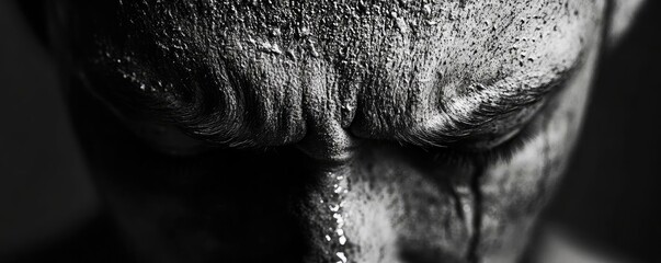 A dramatic close-up of a textured forehead, highlighting emotional depth and intense expressions in black and white photography.