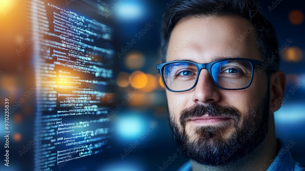 Poster a man with glasses is looking at a computer screen with a lot of code on it