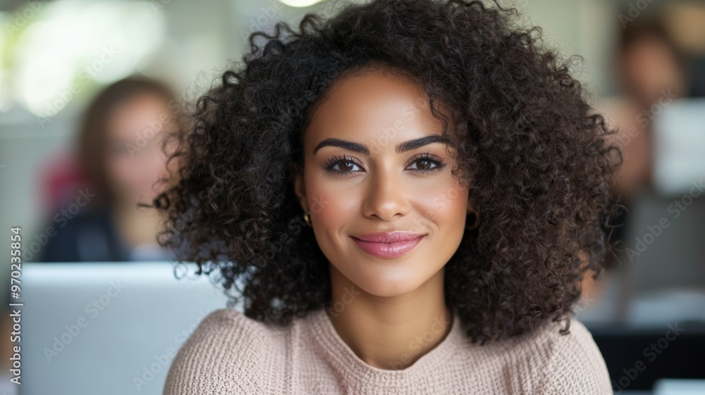 Poster A woman with curly hair is smiling at the camera