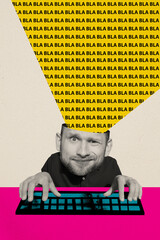 Vertical photo collage of frown dissatisfied man type keyboard device cut head blablabla...