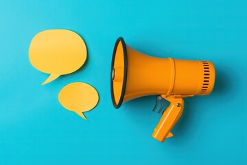Yellow megaphone with speech bubbles on blue background