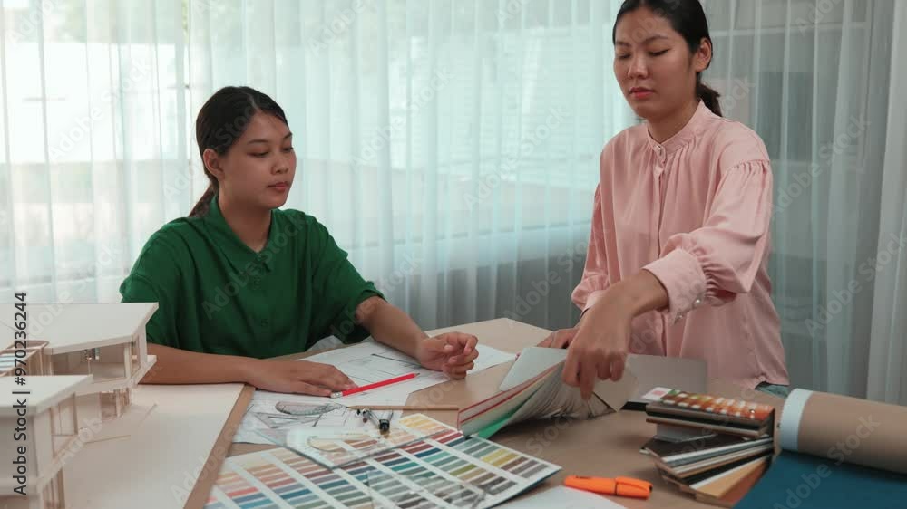 Poster slow motion interior designer using architectural equipment draw a blueprint while interior designer
