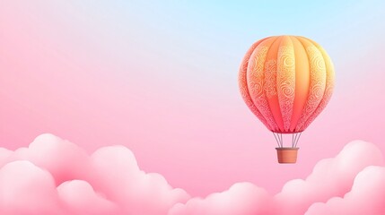 Fototapeta premium Hot air balloon floating above fluffy pink clouds under a soft blue sky. Perfect for travel promotions, fantasy-themed backgrounds, or marketing materials with ample space for text and a dreamy design