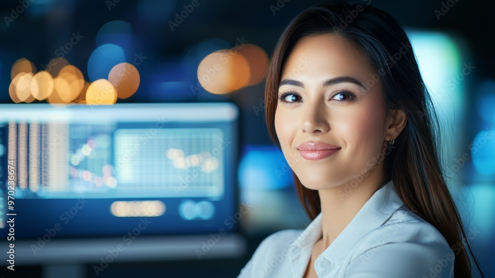 Poster a woman is smiling in front of a computer monitor