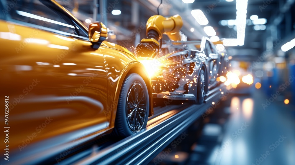 Aufkleber a car is being built in a factory with a robotic arm