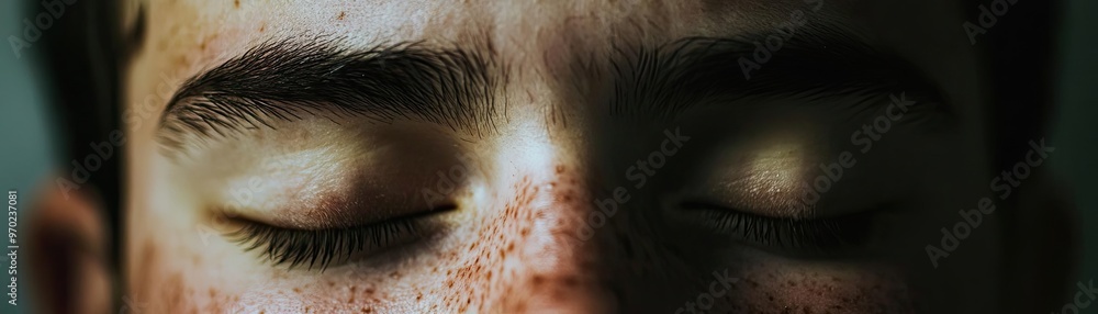Poster close-up of a serene face with closed eyes, representing tranquility and introspection in a natural 