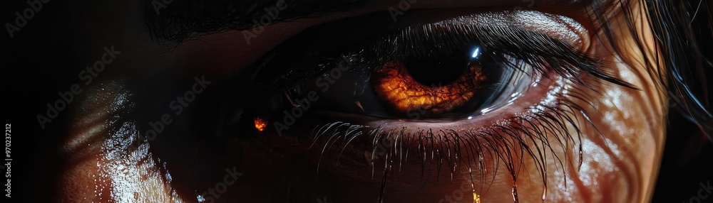 Poster a close-up view of an intensely colored eye, capturing emotion and depth, highlighting vivid detail 