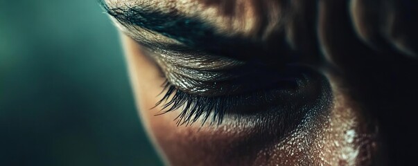Close-up of a human eye showcasing emotions and intense expression with detailed focus on eyelashes and skin textures.