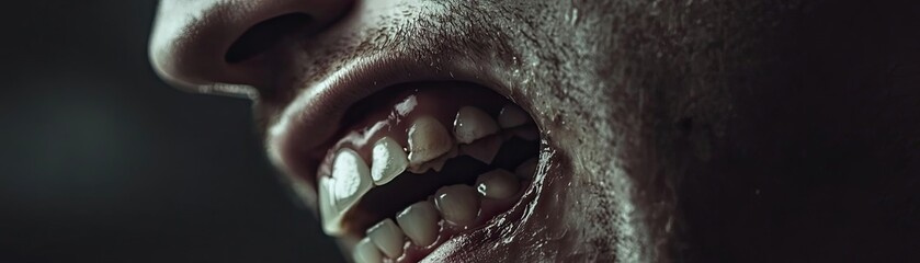 Obraz premium Close-up of a person's mouth showing uneven teeth and intense expression, capturing raw emotion and unique details.