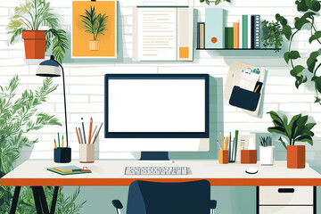 A detailed illustration of a workspace, featuring a desk, computer, office supplies, and plants, all arranged in a clean, modern aesthetic