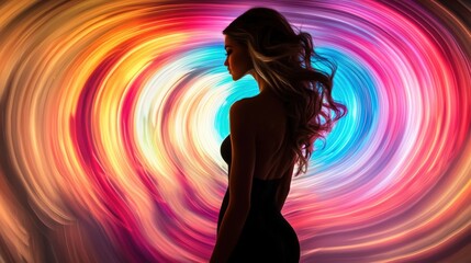 A bold silhouette of a model set against swirling, colorful lights, radiating movement and modernity with artistic flair.