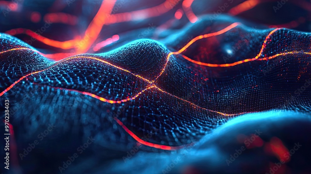 Poster abstract visual of vibrant waves, featuring illuminated patterns in blue and red. ideal for technolo