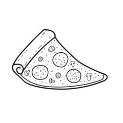 Fresh baked slice of pizza with salami, pepperoni, mushrooms in doodle engraved sketch style. Piece of traditional italian product. Hand drawn illustration for menu, bar, coffee shop, cafe, bakery, pi