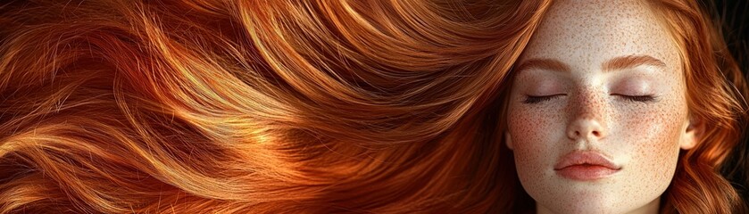 Fototapeta premium Closeup portrait highlighting glossy, vibrant hair with a smooth texture, accentuating beauty features with a focus on radiant shine.