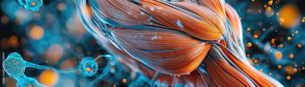 Poster detailed close-up of vibrant muscle fibers showcasing intricate structures and colors set against a 