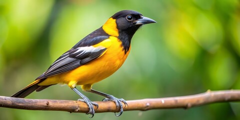 Naklejka premium A bird, black and yellow, takes its ease on a branch, its brilliant feathers and razor-sharp beak exquisitely