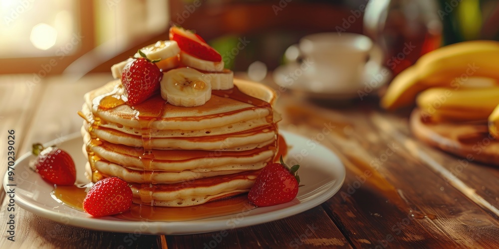 Poster stack of traditional american pancakes with bananas strawberries and syrup on table vertical composi