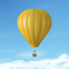 Fototapeta premium Vector Travel Banner with 3d Realistic Hot Air Balloon Icon on a Blue Sky Background. Design Template, Summer Vacation, Travelling, Tourism and Journey Concept