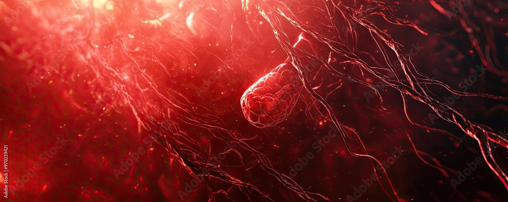 Poster a captivating abstract view of blood cells in shimmering red tones, emphasizing the intricate struct
