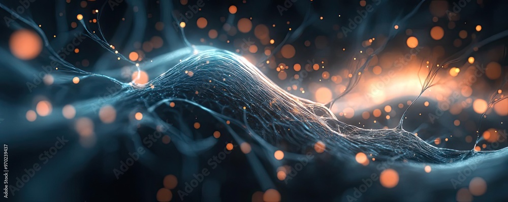 Poster abstract illustration of flowing particles with a harmonious blend of light and texture, creating a 