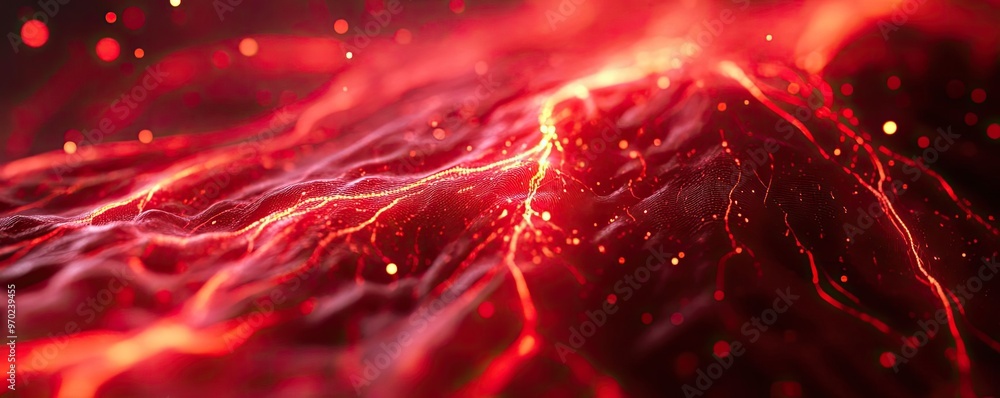 Poster abstract image showcasing vivid red waves and glowing lines, perfect for backgrounds or artistic pro
