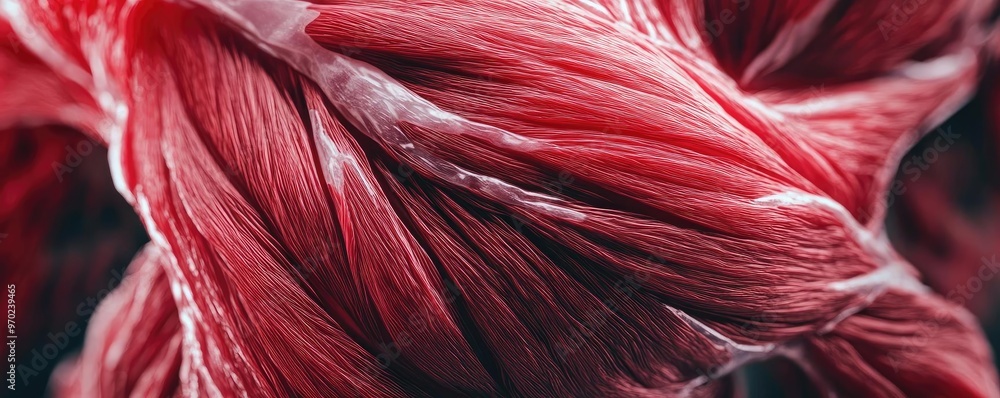 Poster close-up view of vibrant red muscle fibers, showcasing intricate textures and natural patterns in br