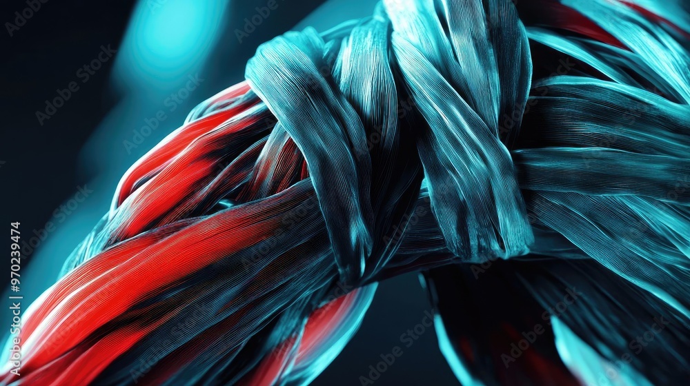 Aufkleber abstract close-up of intertwined fibers with vibrant red and blue tones, creating a dynamic and visu