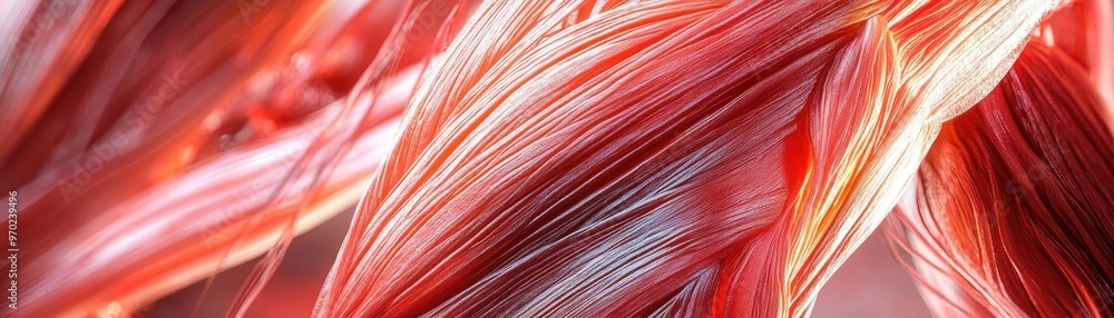 Poster close-up view of intricate red fibers, showcasing texture and movement in a vibrant and captivating 