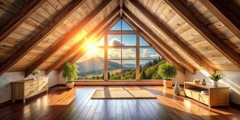 Obraz premium A charming attic retreat boasts impressive exposed beams, enhanced by a cozy gable window that frames a picturesque